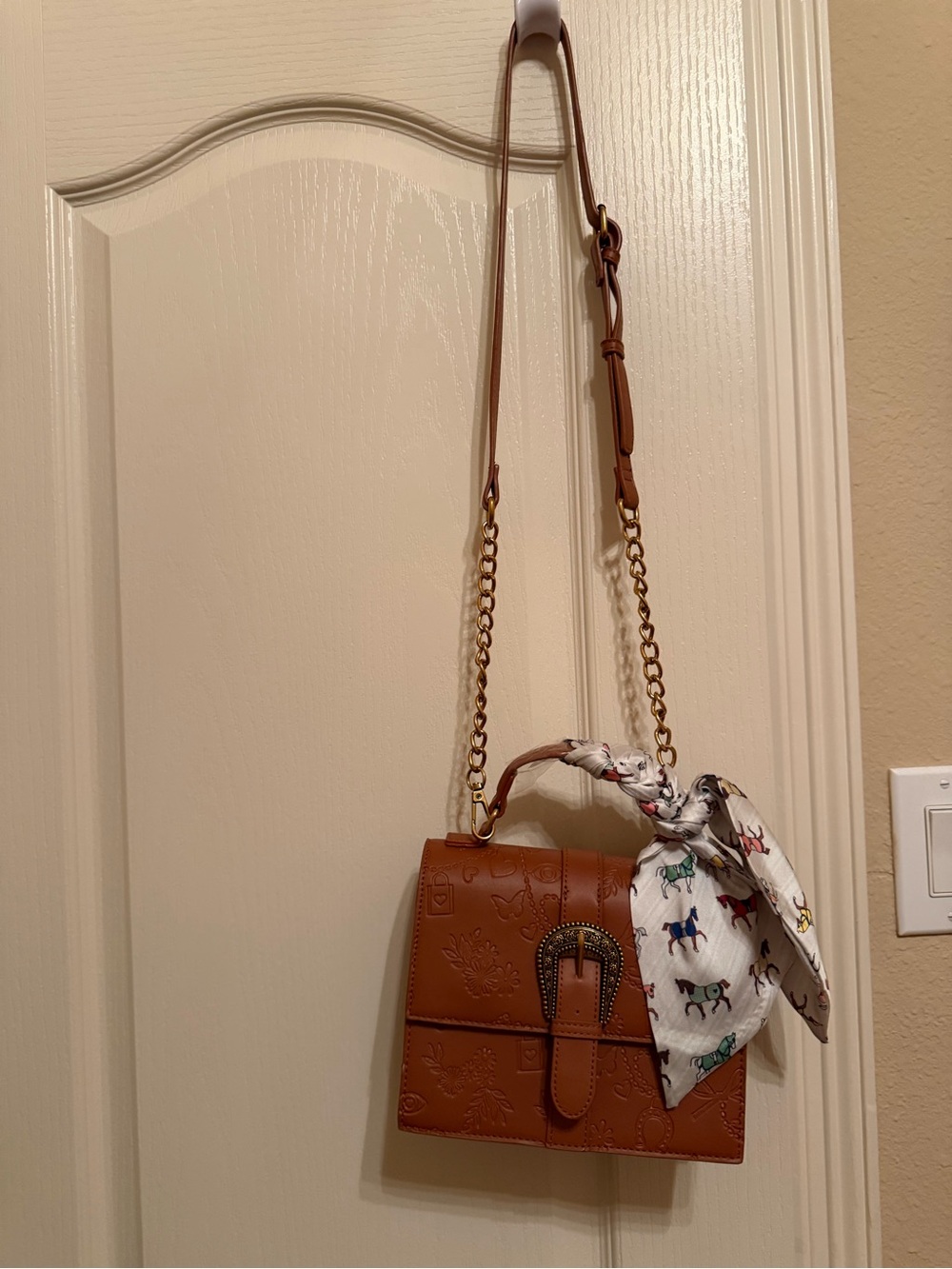 Betsey Johnson Brown Embossed Leather Crossbody with Patterned Scarf